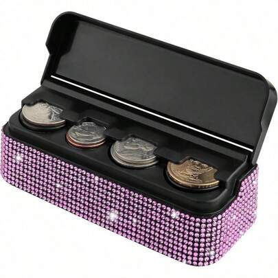 Förvaringslåda med 4 blanka mynt, mynthållare i kristall och strass, bärbar minimyntutmatare, universell myntorganisatör för bilar, biltillbehör
