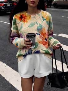 Suéter de tricô com estampa floral em aquarela, lançamento da coleção primavera 2026, com vibrantes flores coloridas, elegante e moderno, disponível em tamanhos grandes para mulheres. - Multicolorido - Ver 5