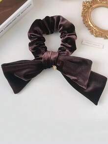 1pc Velvet Bow Hair Scrunchie, Elegant Hair Tie Hair Accessory, 2025 New Design ,Ponytail Holders ,Hair Elastics ,Hair Rubber Bands ,Hair Rope ,Elastic Hair Tie - Brown - View 8