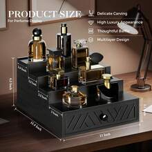 Cologne Organizer For Men, 4 Tier Perfume Organizer With Felt Lining Drawer And Hidden Compartment, Wood Cologne Stand For Watch Jewelry, Black Cologne Perfume Display Holder, Great Gifts For Men - màu đen - Xem 7