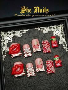 DUCK Nails: Cute Baroque Nail Art Look With 10pcs Y2K Shinning Metallic Duck Nails Acrylic Handmade Press On Nails French Tip Pink Nails Purple Nails Blue Nails Black Nails Red Nails With 3D Diamonds Butterfly Bow Love Handpaint Flowers Hexagram Waterdrops Ripples For Chiristmas Parties Or Holiday Suittable For Girls Or Women Wear With Free Gel Sticker Nail File. - Red - View 2