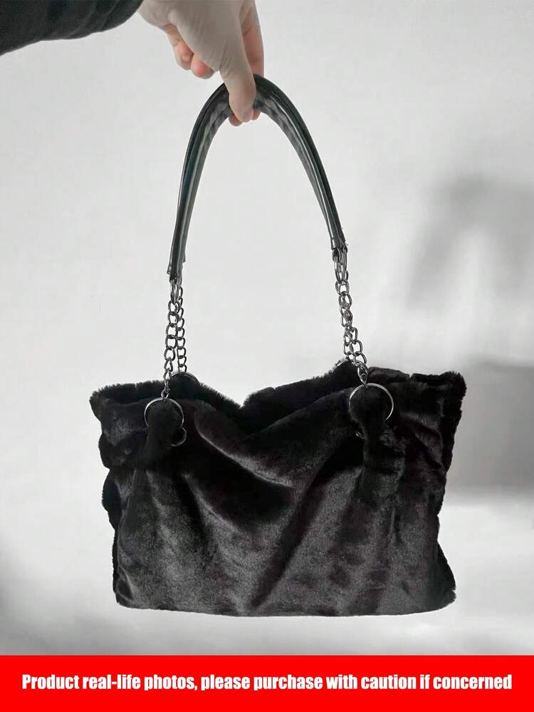 Fuzzy Chain Tote Bag Vintage Plush Tote Bag For Women Y2K Winter Chain Shoulder Bag Fluffy Large Capacity Handbag, Perfectly Matching With Fall Outfits Womenfall Clothes For Women, New Arrival Fur Bag For Women , Office Bag
