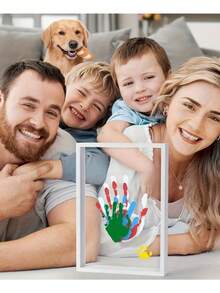 Family Handprint Set - Black And White Wooden Frame - Family Gift - Parents' Gift, Fun Mom Gift, Black Frame Includes 4 Handprint Slots And 6 Color Paint Set, Classic Style Displaying Memorable Home Decor Keepsake, Memory Preservation, Sentimental Keepsake, Timeless Design, Highquality Wood, Construction, Keepsake Display, New Parents, Family Keepsake - Family Handprint Photo Frame - View 2