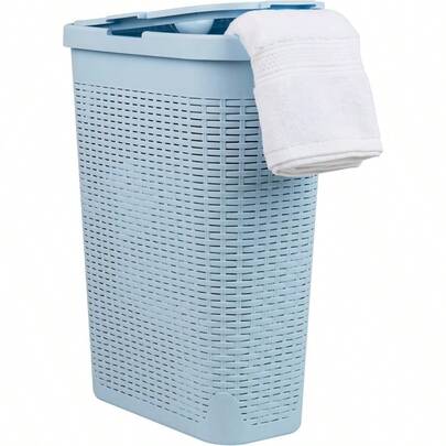 40L Slim Laundry Hamper Clothes Basket Lid Wicker Design Plastic 18"L X 10.4"W X 23.5"H Baby Blue