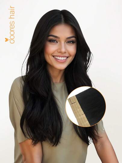 DOORES 50克 20片 胶带式接发 100%真人雷米发 乌黑色，耐热可染色 无痕胶带粘合 直发贴合发片 适合发量稀少的女性 增加发量和长度 易于佩戴 轻松改变发型 持久耐用 适用于角色扮演、日常使用、毕业典礼、周年纪念、节日发型