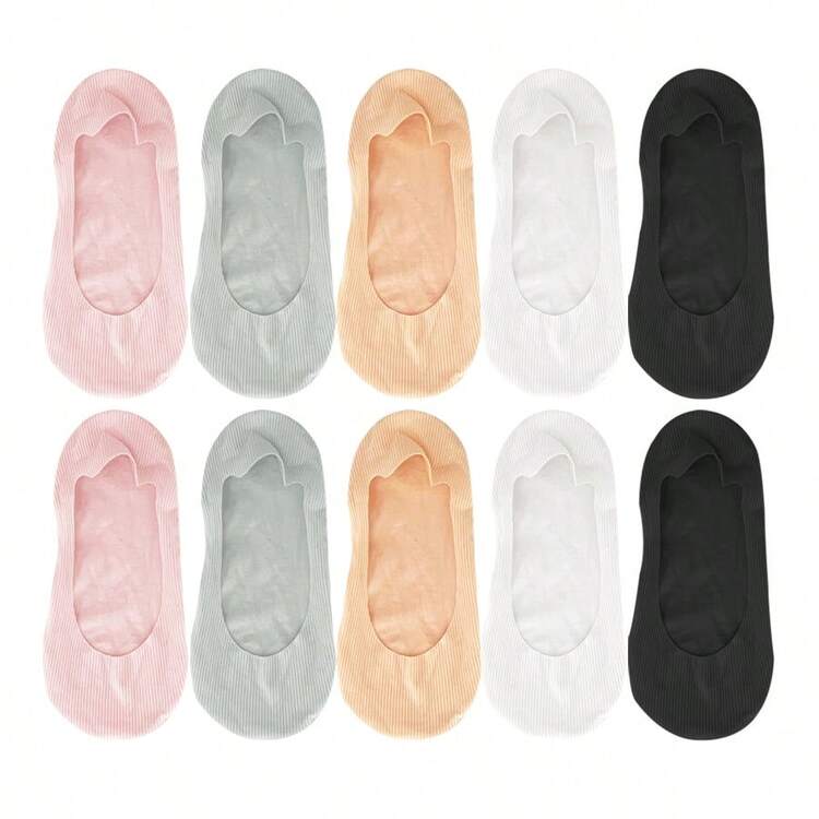 5 pares de calcetines de barco de corte bajo de seda de hielo de unicolor transpirable y antideslizante para mujer, calcetines casuales - Multicolor - Añade 14