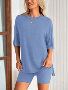 Women's Summer Clothes 2 Piece Sets Lounge Set Casual Oversized Shirts Biker Shorts Matching Airport Travel Sweatsuit Set Women Vacation Outfit Gray Blue Summer Brunch Outfits For Women - 花灰藍 - 查看 6