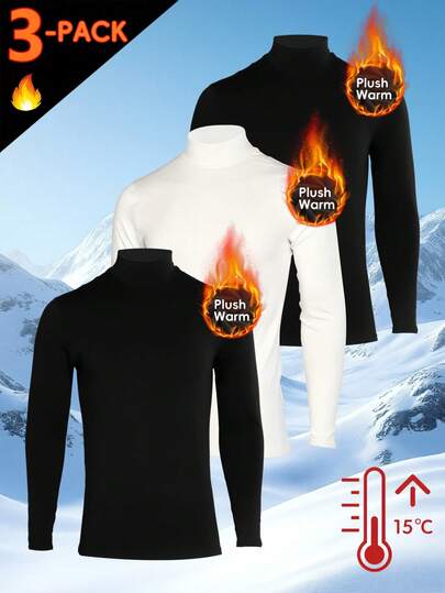 3pcs Men's Thermal Tops - Black, White, Black Turtleneck Long Sleeve, Multi-Color Combination Men's Compression Activewear With Fleece Insulation Layer For Daily Wear, Fitness, Running, Skiing And Outdoor Sports