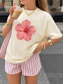 两件套少女碎花短袖T恤和条纹短裤套装，夏季穿搭，年轻学生时尚/Y2K/街头风格，充满艺术气息 - 粉色 - 查看 4