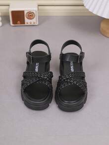 1 Pair Girls' Outdoor Sandals, New Summer Design, Round Toe Woven Criss-Cross Hook And Loop, Fashionable & Elegant, Lightweight & Non-Slip, Girls' High Heel Sandals - Black - View 3