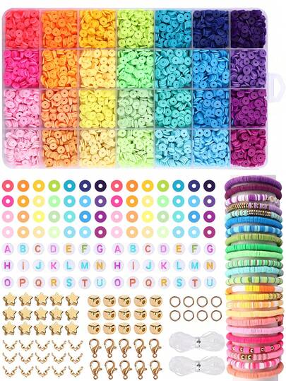 Kit de mărgele de lut, mărgele rotunde plate din lut polimeric pentru fabricarea de bijuterii, mărgele distanțiere din lut pentru brățară, colier, cercei DIY cu mărgele cu litere pentru adulți
