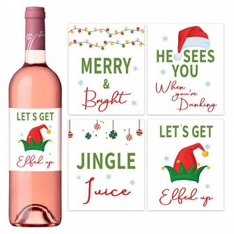 4Pcs Christmas Wine Bottle Stickers - Waterproof Adhesive Merry Christmas Party Decor - Festive Wine Label Decorations For Home Holiday Decor