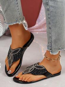 女士水钻平底凉鞋，夏季新款沙滩人字拖，波西米亚风度假拖鞋 - 黑色 - 查看 3