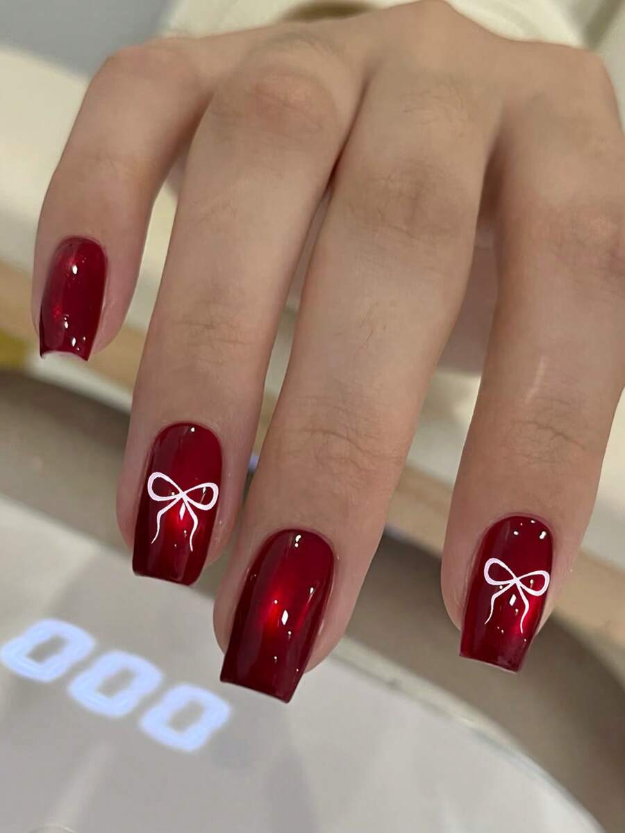 24 móng tay giả acrylic vuông màu đỏ tía đính pha lê hình mắt mèo, móng giả phủ kín toàn bộ móng, lấp lánh, thích hợp cho nữ dự tiệc và sử dụng hàng ngày. - Màu Đỏ Sâu - Xem 1
