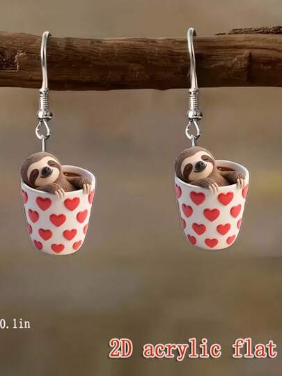 1 Pair 2D Sloth Heart Shaped Acrylic Pendant Earrings, Suitable For Wedding And Party Fashion Accessories, Pet Theme Party Gifts