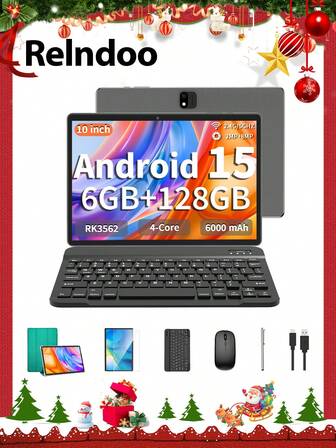 Relndoo 2025 Android Tablet With Keyboard, Android 15 Tablets, 2 In 1 Tablet, 10.1 Inch Tablet With Mouse, Leather Case, Stylus, Protective Film, Cable, RK3562 Quad-Core 2.0 GHz, (6GB+20GB) RAM+128GB ROM, 2MP+8MP Dual Camera, 1280*800px HD Touchscreen, 6000mAh Battery, Type C, Supports 1TB SD Expansion, 802.11n Wifi 2.4G/5G Wireless, GPS, Great As A Gift (No Adapter) -Green