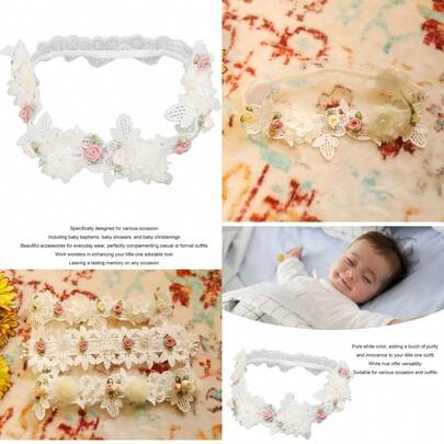 Diadema de Bautizo Niña Blanca Flor Bautizo Diademas Exquisita Artesania Elastico Suave Encaje bebe Niña  Diademas para Bautizos de bebe y Bautizos Tipo CConveniente y duradero,Los favoritos de los niños