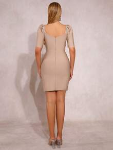 New Women's Shiny Handmade Rhinestone Bandage Square Neck Gigot Sleeve High Waist Cutout Slimming Ruffle Hem Mini Party Prom Dress - Apricot - View 9