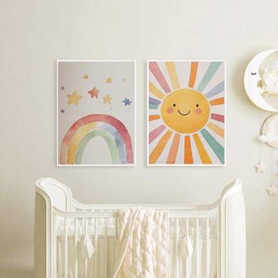 1幅帆布墙画，带框婴儿房墙面装饰阳光游戏室挂画_阳光游戏室海报，水彩彩虹印花水彩婴儿房装饰，婴儿房墙面装饰，阳光主题墙面装饰，女孩房装饰，女孩婴儿房墙面装饰，女婴，男婴，女孩卧室，女孩婴儿房墙面装饰，婴儿用品