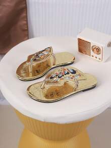 1 Pair Girls' Fashion Casual Embroidered Butterfly Flat Slip-On Sandals, Comfortable For Spring/Summer - Gold - View 4