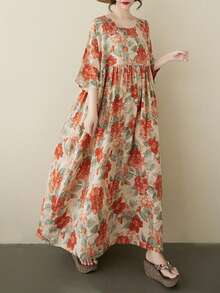 AZAH 2026新款波西米亚风大码女士夏季长裙，大码碎花长裙，圆领蝙蝠袖A字飘逸连衣裙，带口袋，无弹梭织面料，休闲大码女士沙滩长裙，中年妈妈休闲优雅度假连衣裙 - 亮橙色 - 查看 4