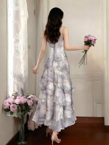 优雅亮片印花雪纺派对连衣裙，女士新款返校舞会吊带荷叶边仙女裙，修身生日套装，茶会睡袍，春夏款