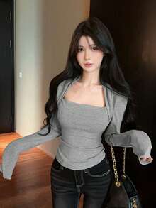 女士性感黑色长袖T恤，修身剪裁，时尚百搭，秋季必备 - 灰色 - 查看 4