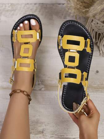 Women's Spring/Summer New Square Buckle Decor Fashion Flat Sandals, Women's Beach Sandals