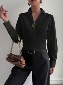 QIANZHIDU 女士经典白色商务衬衫，长袖，领口饰有圆环，常规版型，缎面质感，优雅白色长袖翻领衬衫，时尚圆环点缀，法式休闲纯色长袖衬衫，商务、面试、通勤、休闲、优雅 - 黑色 - 查看 5