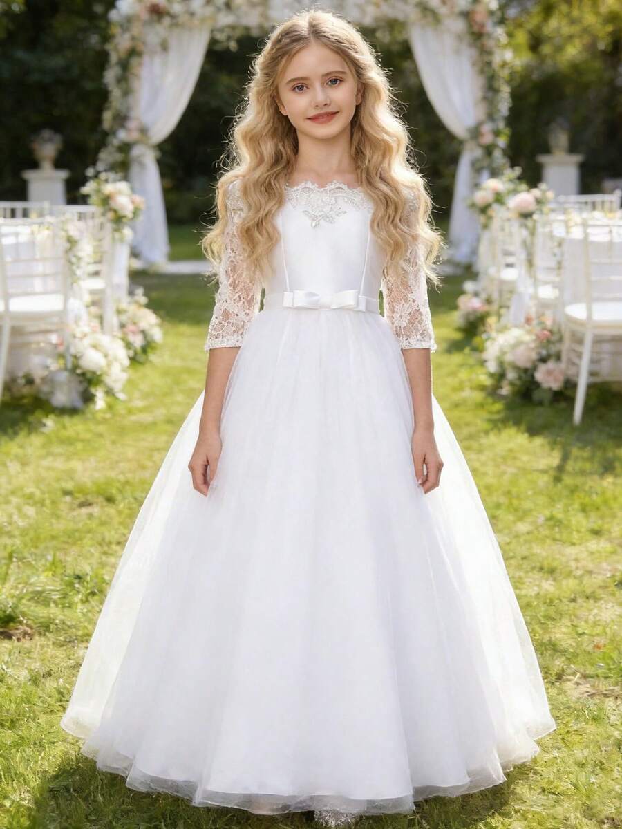Tween Girls Elegant Lace Long Sleeve Princess Party Dress, Suitable For Communion, Bridesmaid, Wedding, Birthday, Graduation Ceremony, Performance - White - View 1