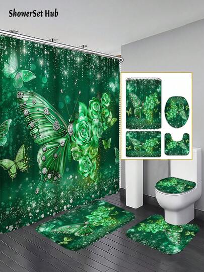 1/3/4pcs Emerald Rose & Diamond Butterfly Shower Curtain Bathroom Sets, Opulent Glitter Floral Pattern Waterproof And Wear-Resistant Accessories,With 12 Hooks - Includes Toilet Seat Cover, Bath Mats, And Rugs - Plastic Fabric - Washable,Mildew-Resistant - Perfect For Holiday Decor,Home/Bedroom/House/Western/Spring Decor,