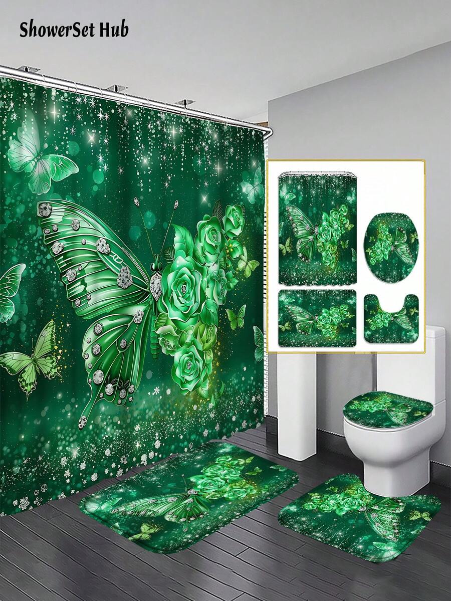 1/3/4pcs Emerald Rose & Diamond Butterfly Shower Curtain Bathroom Sets, Opulent Glitter Floral Pattern Waterproof And Wear-Resistant Accessories,With 12 Hooks - Includes Toilet Seat Cover, Bath Mats, And Rugs - Plastic Fabric - Washable,Mildew-Resistant - Perfect For Holiday Decor,Home/Bedroom/House/Western/Spring Decor, - Multicolor - View 1