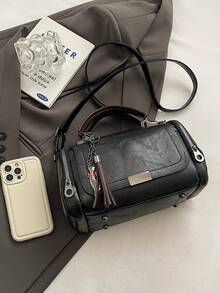 Tassel Decor Handbag, Women's Large Capacity Shoulder Bag, Fashion Zipper Crossbody Bag With Removab - 黑色 - 查看 6