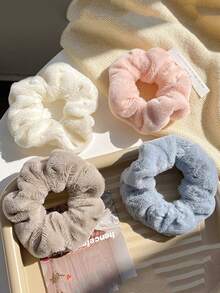 4条装女士冬季加厚纯色毛绒发圈，弹性发绳，时尚百搭，适合日常佩戴、化妆、装扮和休闲服饰搭配，粉色发圈，可扎马尾辫。 - 彩色 - 查看 6