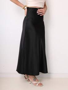 Women's Long Satin Skirt, High Waist. - 黑色 - 查看 2