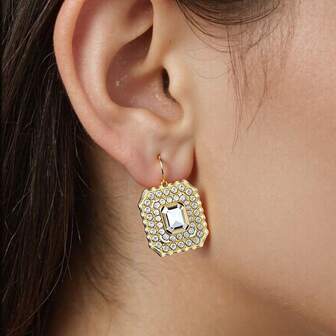 2 piezas Pendientes de estilo palaciego europeo elegante, diseño de colgante cuadrado con incrustaciones de rhinestone, joyería de mujer para fiesta/boda