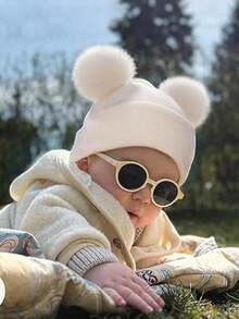 1/2/3pcs Kids Winter Hat Toddler Knitted Beanie With Faux Fur Pom Poms For Baby Girls Boys - Double Wool Ball Hat - View 3