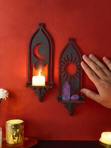 1件简约木质日月悬浮置物架/搁板，新月伊斯兰风格装饰，需自行组装，适用于家居墙面装饰、烛台架、斋月装饰 - 黑色 - 查看 11