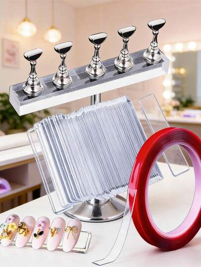 Acrylic Nail Art Set, Includes (Acrylic Practice Stand, 50pcs Acrylic Display Tips, 10m Double-Sided Tape) Magnetic Nail Polish Holder, Nail Tools, Acrylic Nail Display Tips, Clear Tips For Work Display, And Wearable Nails. Suitable For Professional Nail Salons And Home DIY.