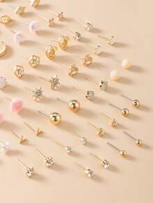 60pcs Fashion Metal Butterfly, Heart, Rhinestone, Moon, Bow Knot, Flower Stud Earrings Set, Jewelry Gift, Suitable For Daily Wear - Multicolor - View 4