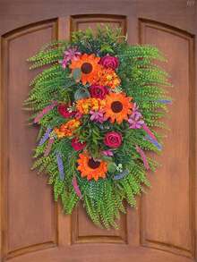 1pc, 21.65*13.78inch Spring Sunflower Hanging Lavender Flower Decor, Bohemian Design, PVC Plastic Flower, No Feathers - Classic Home Decor, Suitable For Spring, Outdoor Decoration, Windows, Walls, Front Door, Artificial Floral - Multicolor - View 4