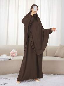 2pcs Set (Khimar + Abaya) Solid Color Muslim Prayer Outfit, Convenient Zipper Long Robe Abaya With Matching Hijab Headscarf, Casual Outdoor Essential Fashion Prayer Jilbab, Women's Abaya Robe, Abayas For Muslim Women - Multicolor - View 7