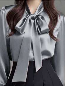 优雅通勤纯色前扣领系带衬衫 - 銀色 - 查看 1