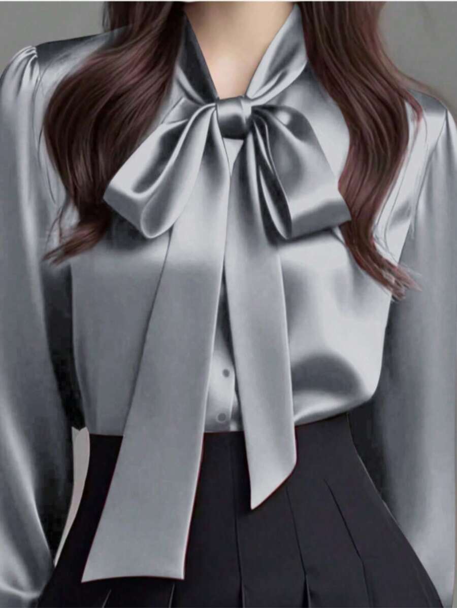 优雅通勤纯色前扣领系带衬衫 - 銀色 - 查看 1