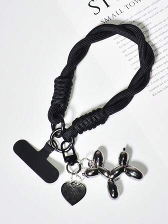 1 Set Black Nylon Braided Phone Case Strap, Portable Wrist Lanyard, Cute Jelly Balloon Dog Phone Pendant Keychain, Fashionable Accessory For Bags
