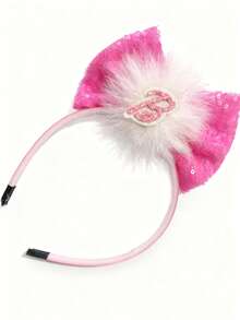 1pc Sparkle Bow, Beaded Alphabet Design Hairband With Green & Pink Fluffy Pom Poms, Fashionable And Cute Hair Accessory For Everyday And Celebrity Looks Party Halloween - Pink - View 8