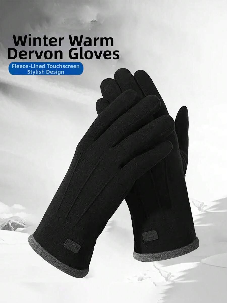 1pair Fleece-Lined Winter Warm Gloves - Devon Touchscreen Design, Stylish Black, Cold Weather Warmth, Convenient For Phone Use In Cold Days - Black - View 1