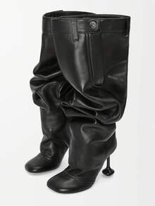 2025 Autumn Winter Fashion New Ladies Square Head Sculptural Heels Black Knee Boots Wide Calf Sexy Christmas Party Shoes - 黑色 - 查看 8