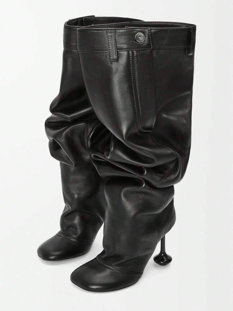 2025 Autumn Winter Fashion New Ladies Square Head Sculptural Heels Black Knee Boots Wide Calf Sexy Christmas Party Shoes - 黑色 - 查看 8