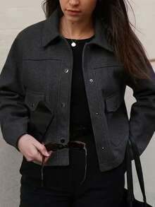 Chaqueta corta regular con bolsillo con solapa, para uso casual y diario, para otoño y primavera - Gris Oscuro - Ver 3